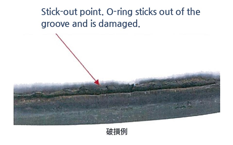 Stick-out point. O-ring sticks out of the groove and is damaged.